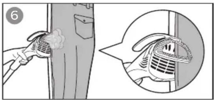 Illustration showing a hand using a spray gun to clean a door panel, with an inset close-up of the device (no text or symbols)