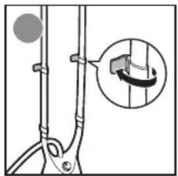 Diagram of a cable clamp with a magnified inset showing a rotating component (no text or symbols)