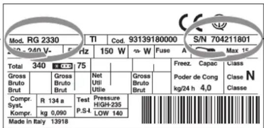 Mod. RG 2330 TI Cod. 93139180000 S/N 704211801 250 - 240 V- 5 frtz 150 W W Fuse A Max 15 Total 340 75 Gross Bruto Brut Gross Bruto Brut Net Utili Utilie Gross Bruto Brut Freez. Capac Poder de Cong kg/24 h 4,0 Class N Classe Compr. R 134 a Test Pressure HIGH-235 P.S-I LOW 140 Syst. Kompr. kg 0,090 Made in Italy 13918
