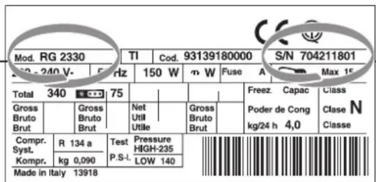 Mod. RG 2330 TI Cod. 93139180000 S/N 704211801 250 - 240 V 5 Hz 150 W n W Fuse A Max 15 Total 340 75 Freez.Capac Class Gross Gross Net Gross Poder de Cong Bruto Util Bruto Clase N Brut Brut Utilie Brut kg/24 h 4,0 Classe Compr. Syst. Kompr. R 134 a Test Pressure HIGH-235 P.S.I.L.WLOW 140 Made in Italy 13918