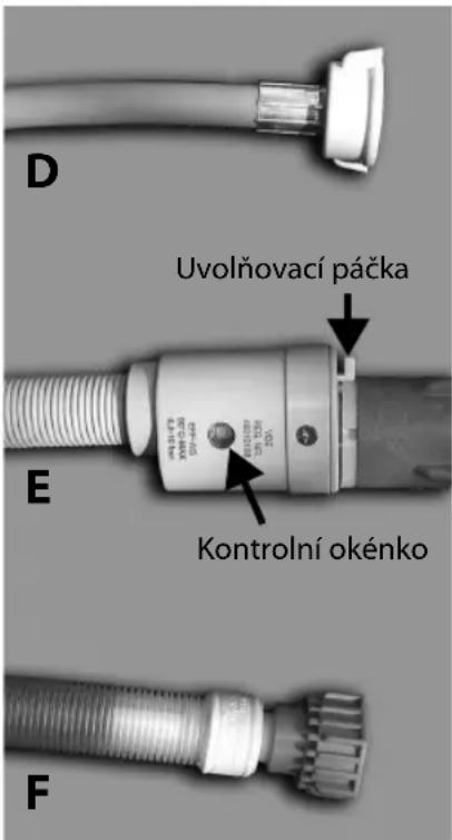 D Uvolňovací páčka E Kontrolní okénko F