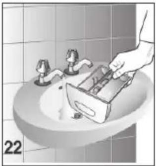 Illustration of a hand washing a sink with a tool, no text or symbols present