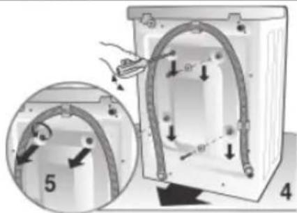 Diagram showing a door assembly with labeled parts and directional arrows indicating movement or force, including part number 5.