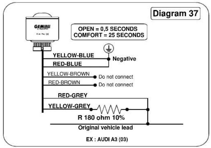 GEMIN AGA3 OPEN = 0,5 SECONDS COMFORT = 25 SECONDS Yellow-BLUE RED-BLUE YELLOW-BROWN RED-BROWN Red-GREY YELLOW-GREY R 180 ohm 10% Original vehicle lead EX : AUDI A3 (03) Diagram 37