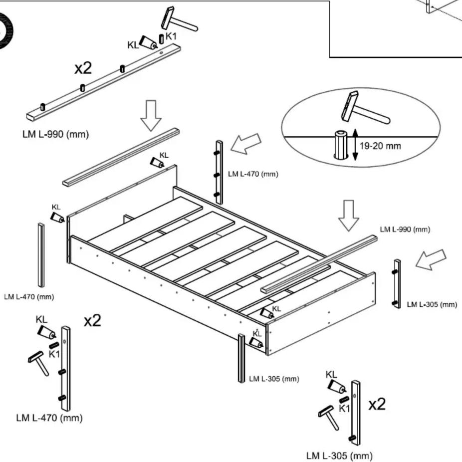 x2 KL K1 LM L-990 (mm) KL LM L-470 (mm) KL LM L-470 (mm) x2 KL K1 LM L-470 (mm) KL LM L-305 (mm) KL K1 x2 LM L-305 (mm) 19-20 mm LM L-990 (mm) LM L-305 (mm)