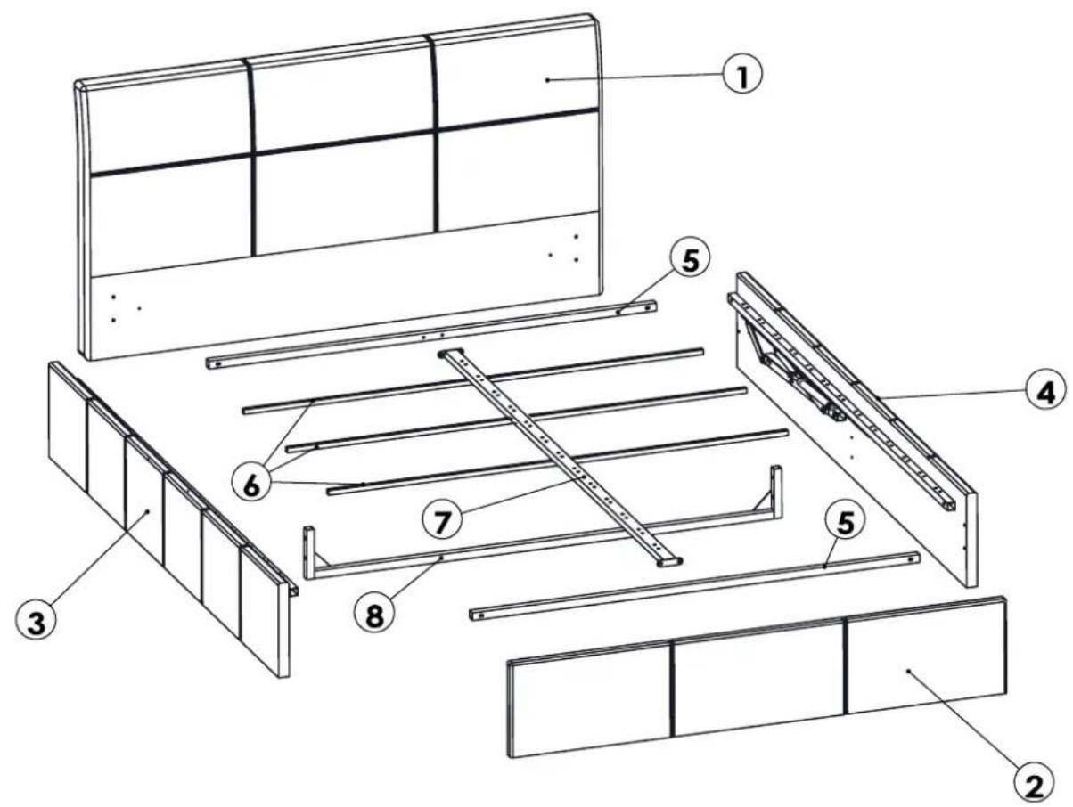 Technical diagram of a modular shelving unit with numbered components for identification