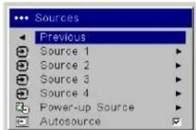 Sources Previous Source 1 Source 2 Source 3 Source 4 Power-up Source Autosource