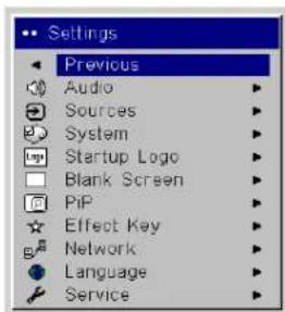 Settings Previous Audio Sources System Startup Logo Blank Screen PiP Effect Key Network Language Service