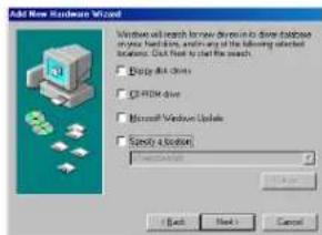 Add New Hardware Wizard Windows will search for new directions to drive database my database, which is any of the following selected locations. Click Next to select the search. □ Do not Add Other □ Go to Drive □ Print Driver □ Microsoft Windows Update □ Send a location Back Next Cancel