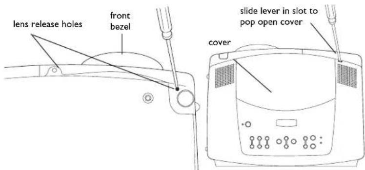 lens release holes front bezel slide lever in slot to pop open cover cover