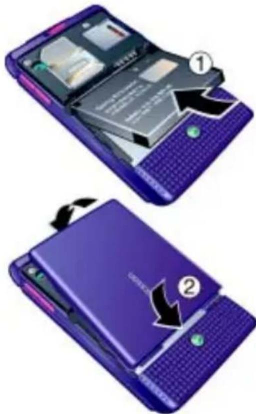 Diagram showing two views of a purple flip phone with labeled parts and directional arrows indicating disassembly or repair.