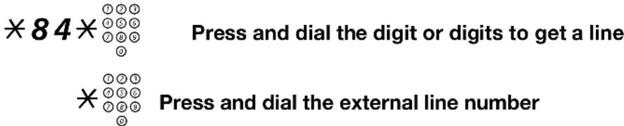 *84* ①②③ ①⑤⑥ ⑦⑧⑨ Press and dial the digit or digits to get a line * ①②③ ⑦⑤⑥ ⑦⑧⑨ Press and dial the external line number