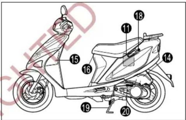 Technical diagram of a scooter with numbered parts for identification and assembly reference.