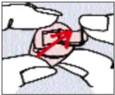 Hand-drawn diagram showing a hand holding a small object with a red arrow pointing downward, possibly indicating a process or action.