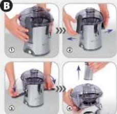 Step-by-step diagram showing a hand holding a small appliance, with numbered instructions for each step.