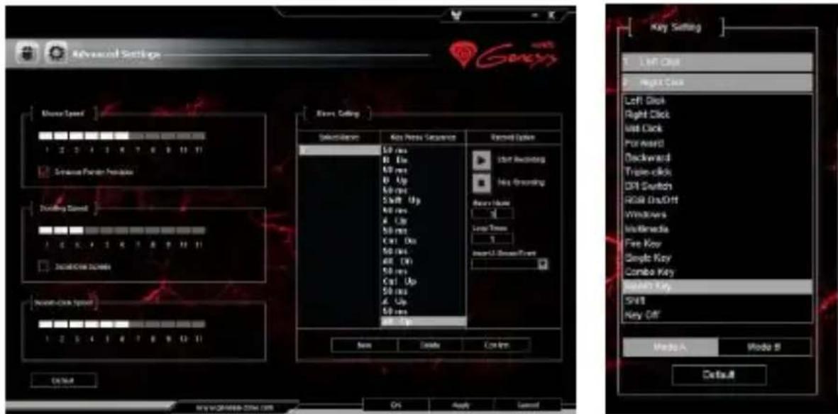 Advanced Settings Show Speed 1 2 3 4 5 6 7 8 9 10 Simulus Parler Preampers Display Speed 1 2 3 4 5 6 7 8 9 10 Discharge Speed Sound-Clock Speed 1 2 3 4 5 6 7 8 9 10 OK Key Setting Description Key Press Sequence Record Options Start Reciting Not Clearing New Item Long Time Insert U Screen Time New Delete Control Key Setting Left Disk Right Disk Left Disk Right Click Last Click Forward Backward Triple-click DVI Switch RGB Dis/Off Windows Multimedia Free Key Single Key Combo Key SMT Key Off Model A Model B Default