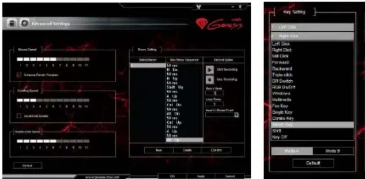 Advanced Settings Mouse Tensel Squeeze Particle Pressure Drinking Densel TOMOTIME SCHEE Mouse Clock Speed OK Add Remove Key Setting Description Key Press Sequence Forward System Start Decoding Key Tracking Back Home Long Time Insert U Bracket Speed Reset Delete Cancel Key Setting Left Disk Right Disk Left Disk Right Disk Last Click Forward Backward Triple-click Ctrl Switch RGB Shift/Off Windows Multimedia Fan Key Simple Key Combo Key Shift Shift Off Mode A Mode B Default