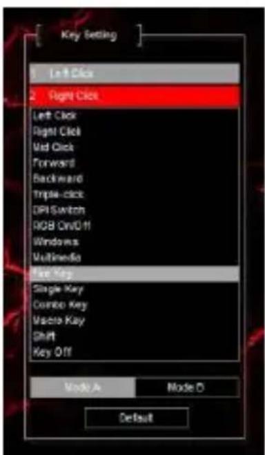 Key Setting 1 Left Click 2 Right Click Left Click Right Click Mid Click Forward Backward Triple-click DPI Switch RGB CM/D-H Windows Multimedia Free Key Single Key Combo Key Macro Key Shift Key Off Mode A Node O Default