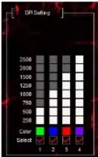 DPI Setting 2500 2600 1500 1250 1000 750 500 250 Color Select 1 2 3 4