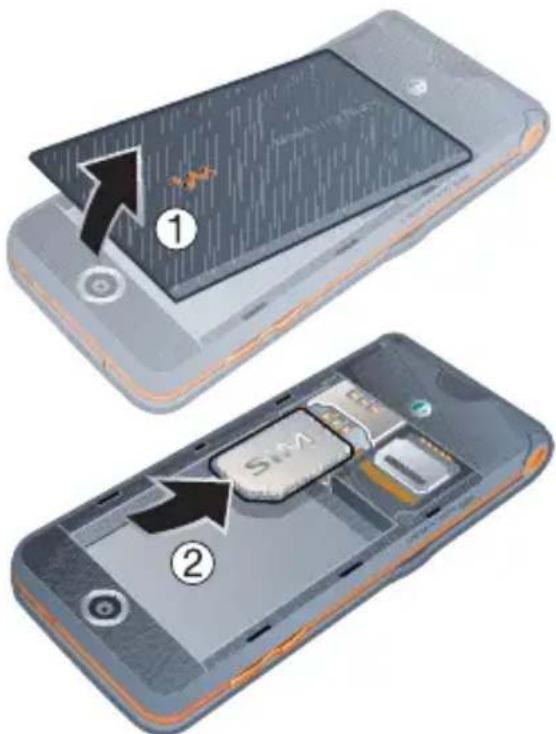Diagram showing two views of a smartphone with labeled components, including a screen with raindrops and a SIM logo on the cover.