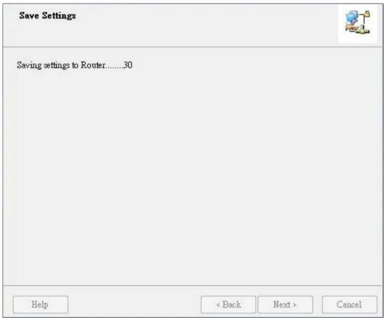 Save Settings Saving settings to Router......30 Help < Back Next > Cancel