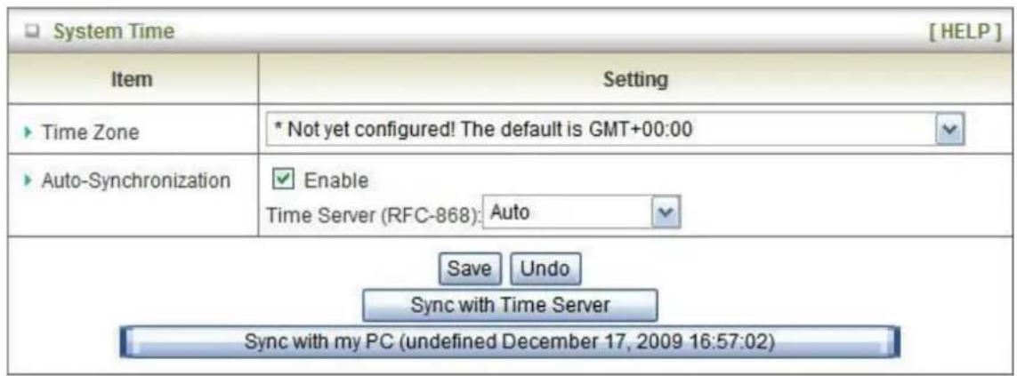 System Time [ HELP ] Item Setting ▶ Time Zone * Not yet configured! The default is GMT+00:00 ▶ Auto-Synchronization ✓ Enable Time Server (RFC-868): Auto Save Undo Sync with Time Server Sync with my PC (undefined December 17, 2009 16:57:02)