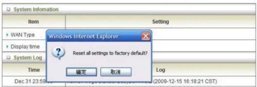 System Information Item Setting WAN Type Display time System Log Time Windows Internet Explorer Reset all settings to factory default? 确定 取消 Log Dec 31 23:59 (2009-12-15 16:18:21 CST)