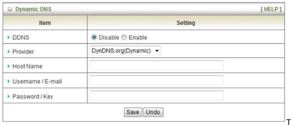 Dynamic DNS [HELP] Item Setting ► DDNS ● Disable ○ Enable ► Provider DynDNS.org(Dynamic) ▼ ► Host Name ► Username / E-mail ► Password / Key Save Undo