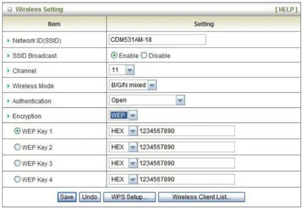 Wireless Setting [HELP] Item Setting ► Network ID(SSID) CDM531AM-18 ► SSID Broadcast ○ Enable ○ Disable ► Channel 11 ► Wireless Mode B/G/N mixed ► Authentication Open ► Encryption ■ WEP ● WEP Key 1 HEX ▼ 1234567890 ○ WEP Key 2 HEX ▼ 1234567890 ○ WEP Key 3 HEX ▼ 1234567890 ○ WEP Key 4 HEX ▼ 1234567890 Save Undo WPS Setup... Wireless Client List...