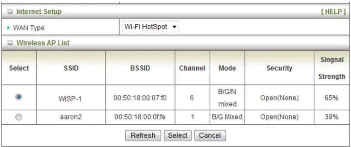 Internet Setup [ HELP ] WAN Type Wi-Fi HotSpot ▼ Wireless AP List Select SSID BSSID Channel Mode Security Singnal Strength WISP-1 00:50:18:00:07:f0 6 B/G/N mixed Open(None) 65% aaron2 00:50:18:00:0f:fe 1 B/G Mixed Open(None) 39% Refresh Select Cancel