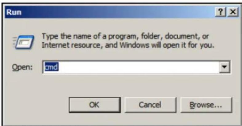 Run Type the name of a program, folder, document, or Internet resource, and Windows will open it for you. Open: cmd OK Cancel Browse...
