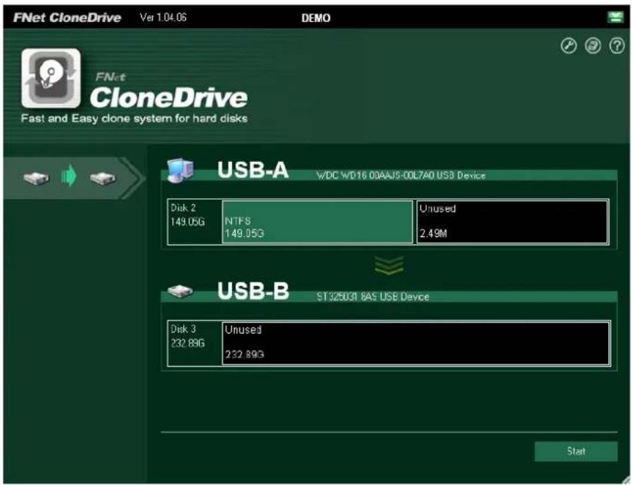 FNet CloneDrive Ver 1.04.06 DEMO FNet CloneDrive Fast and Easy clone system for hard disks USB-A W/DC WD16 00AAJS-00L7A0 USB Device Disk 2 NTFS Unused 149.05G 149.05G 2.49M USB-B ST325031 8AS USB Device Disk 3 Unused 232.89G 232.89G Start