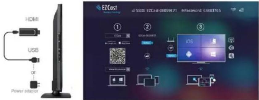 HDMI USB Power adaptor EZCast RSSID: EZCast-08059E71 Password: 63483765 ① EZCast ② EZCast-08059E71 ③ iOS