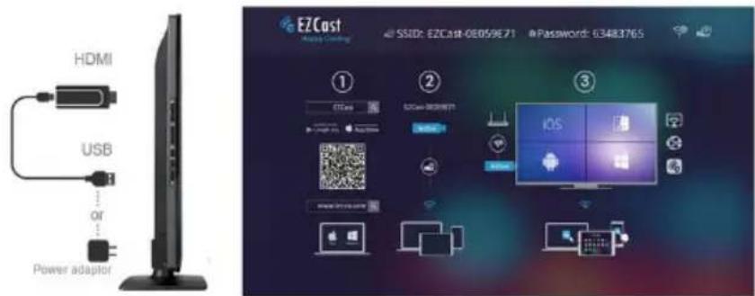HDMI USB Power adaptor EZCast Hi-Fi Gaming SSID: EZCast-0E059E71 Password: 63483765 ① EZCast ② EZCast-0E059E71 ③ iOS