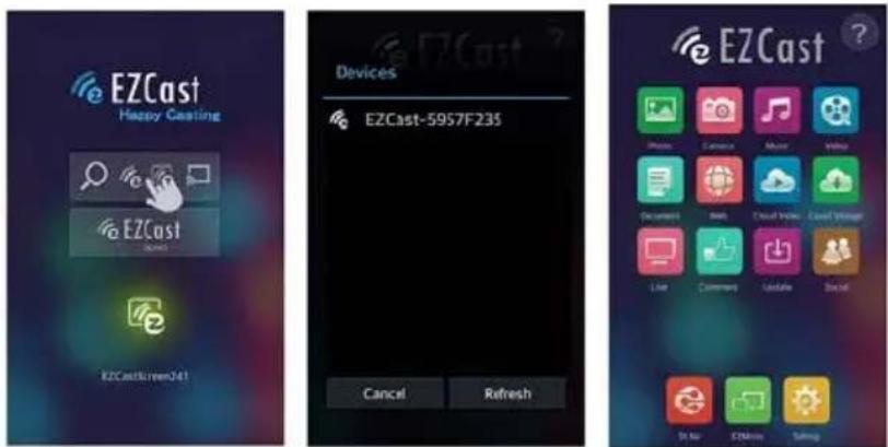 EZCast Happy Casting EZCast EZCastScreenJ41 Devices EZCast-5957F235 Cancel Refresh EZCast ?? Phone Camera Music Video Documents Web Cloud Video Cloud Manager Live Commerce Update Social Tr No EZMn Sailing