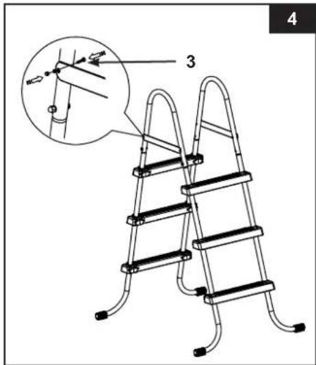 Technical diagram of a ladder assembly with labeled parts and an inset showing a mechanical component detail.