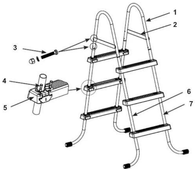 Technical diagram of a ladder assembly with numbered components and labeled parts