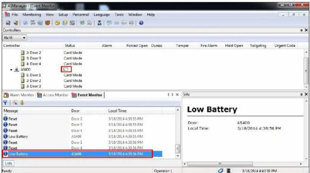 ASManager - [Event Monitor] File Monitoring View Setup Personnel Language Tools Window Help Controllers 16c16 Controller Status Alarm Forced Open Duress Tamper Fire Alarm Held Open Tailgating Urgent Code 2: Door 2 Card Mode 3: Door 3 Card Mode 4: Door 4 Card Mode AS400 1: Door 1 Card Mode 2: Door 2 Card Mode 3: Door 3 Card Mode Alarm Monitor Access Monitor Event Monitor Info 4 X Message Door Local Time Reset Door 2 3/18/2014 4:38:55 PM Reset Door 3 3/18/2014 4:38:55 PM Reset Door 4 3/18/2014 4:38:55 PM Low Battery AS400 3/18/2014 4:38:55 PM Reset Door 1 3/18/2014 4:38:56 PM Reset Door 4 3/18/2014 4:38:56 PM Low Battery AS400 3/18/2014 4:38:56 PM Lists Ready Operator: 1 3/18/2014 4:42:39 PM