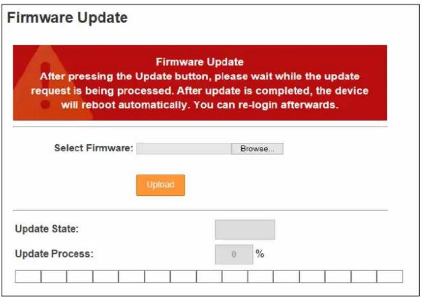 Firmware Update After pressing the Update button, please wait while the update request is being processed. After update is completed, the device will reboot automatically. You can re-login afterwards. Select Firmware: Browse... Upload Update State: 0 % Update Process:
