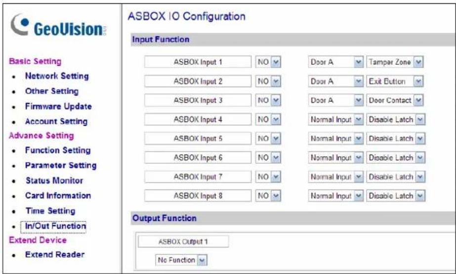 GeoVision Basic Setting • Network Setting • Other Setting • Firmware Update • Account Setting Advance Setting • Function Setting • Parameter Setting • Status Monitor • Card Information • Time Setting • In/Out Function Extend Device • Extend Reader ASBOX IO Configuration Input Function ASBOX Input 1 NO Door A Tamper Zone ASBOX Input 2 NO Door A Exit Button ASBOX Input 3 NO Door A Door Contact ASBOX Input 4 NO Normal Input Disable Latch ASBOX Input 5 NO Normal Input Disable Latch ASBOX Input 6 NO Normal Input Disable Latch ASBOX Input 7 NO Normal Input Disable Latch ASBOX Input 8 NO Normal Input Disable Latch Output Function ASBOX Output 1 No Function