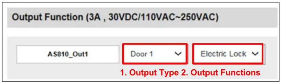 Output Function (3A , 30VDC/110VAC~250VAC) AS810_Out1 Door 1 Electric Lock 1. Output Type 2. Output Functions
