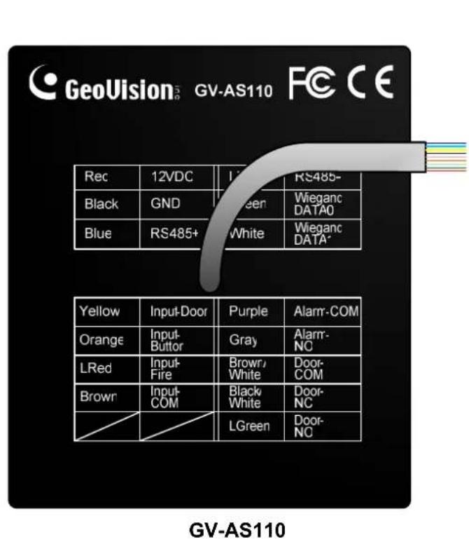 GeoVision® GV-AS110 FC CE Rec 12VDC I Red RS485- Black GND Green Wieganc DATA0 Blue RS485+ White Wieganc DATA* Yellow Input-Door Purple Alarm-COM Orange Input-Buttor Gray Alarm-NC LRed Input-Fire Brown/White Door-COM Brown Input-COM Black White Door-NC LGreen Door-NC GV-AS110