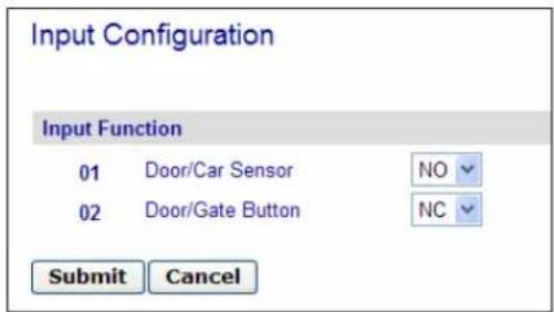 Input Configuration Input Function 01 Door/Car Sensor NO 02 Door/Gate Button NC Submit Cancel