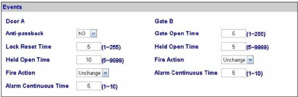 Events Door A Anti-passback NO Lock Reset Time 5 (1~255) Held Open Time 10 (5~9999) Fire Action Unchange Alarm Continuous Time 5 (1~10) Gate B Gate Open Time 5 (1~255) Held Open Time 5 (5~9999) Fire Action Unchange Alarm Continuous Time 5 (1~10)