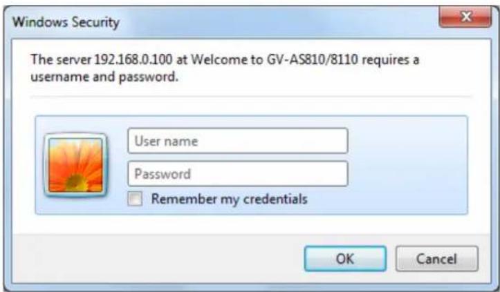 Windows Security The server 192.168.0.100 at Welcome to GV-AS810/8110 requires a username and password. User name Password Remember my credentials OK Cancel
