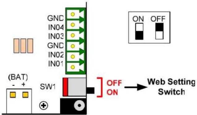 (BAT) - + SW1 GND IN04 IN03 GND IN02 IN01 OFF ON OFF Web Setting Switch