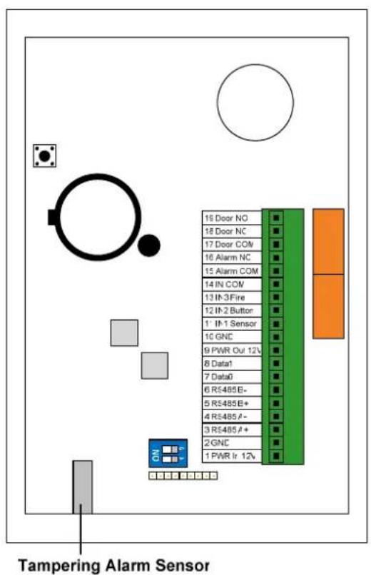 Tampering Alarm Sensor 16 Door NC 18 Door NC 17 Door COM 16 Alarm NC 15 Alarm COM 14 IN COM 13 If-3Fire 12 If-2 Button 1' If-1 Sensor 10 GNC 9 PWR Out 12V 8 Data1 7 Data0 6 RS485E- 5 RS485E+ 4 RS485A- 3 RS485A+ 2 GNC 1 PWR Ir 12V