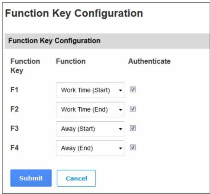 Function Key Configuration Function Key Configuration Function Function Authenticate Key F1 Work Time (Start) ✓ F2 Work Time (End) ✓ F3 Away (Start) ✓ F4 Away (End) ✓ Submit Cancel