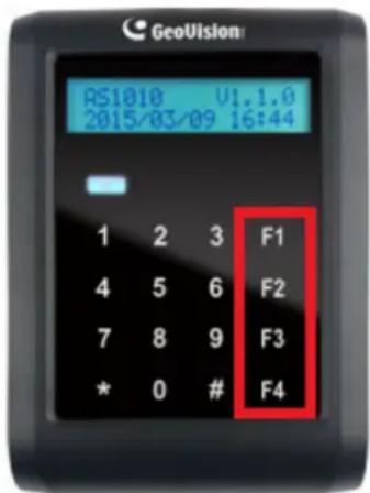 GeoVision AS1010 V1.1.0 2015/03/09 16:44 1 2 3 F1 4 5 6 F2 7 8 9 F3 * 0 # F4