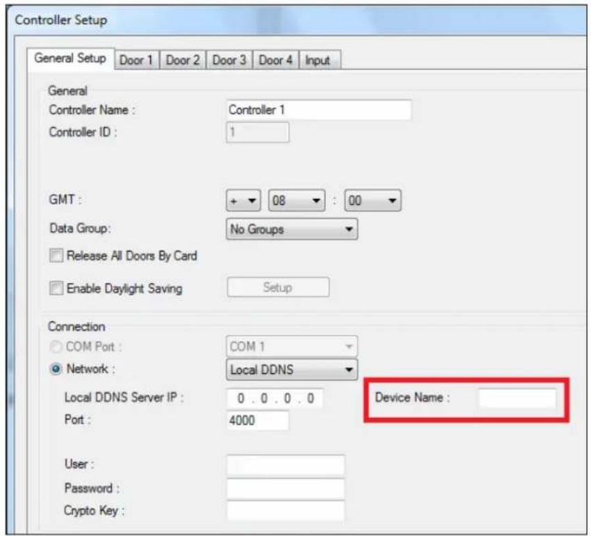 Controller Setup General Setup Door 1 Door 2 Door 3 Door 4 Input General Controller Name : Controller 1 Controller ID : 1 GMT : + - 08 : 00 Data Group: No Groups Release All Doors By Card Enable Daylight Saving Setup Connection COM Port : COM 1 Network : Local DDNS Local DDNS Server IP : 0 . 0 . 0 . 0 Device Name : Port : 4000 User : Password : Crypto Key :